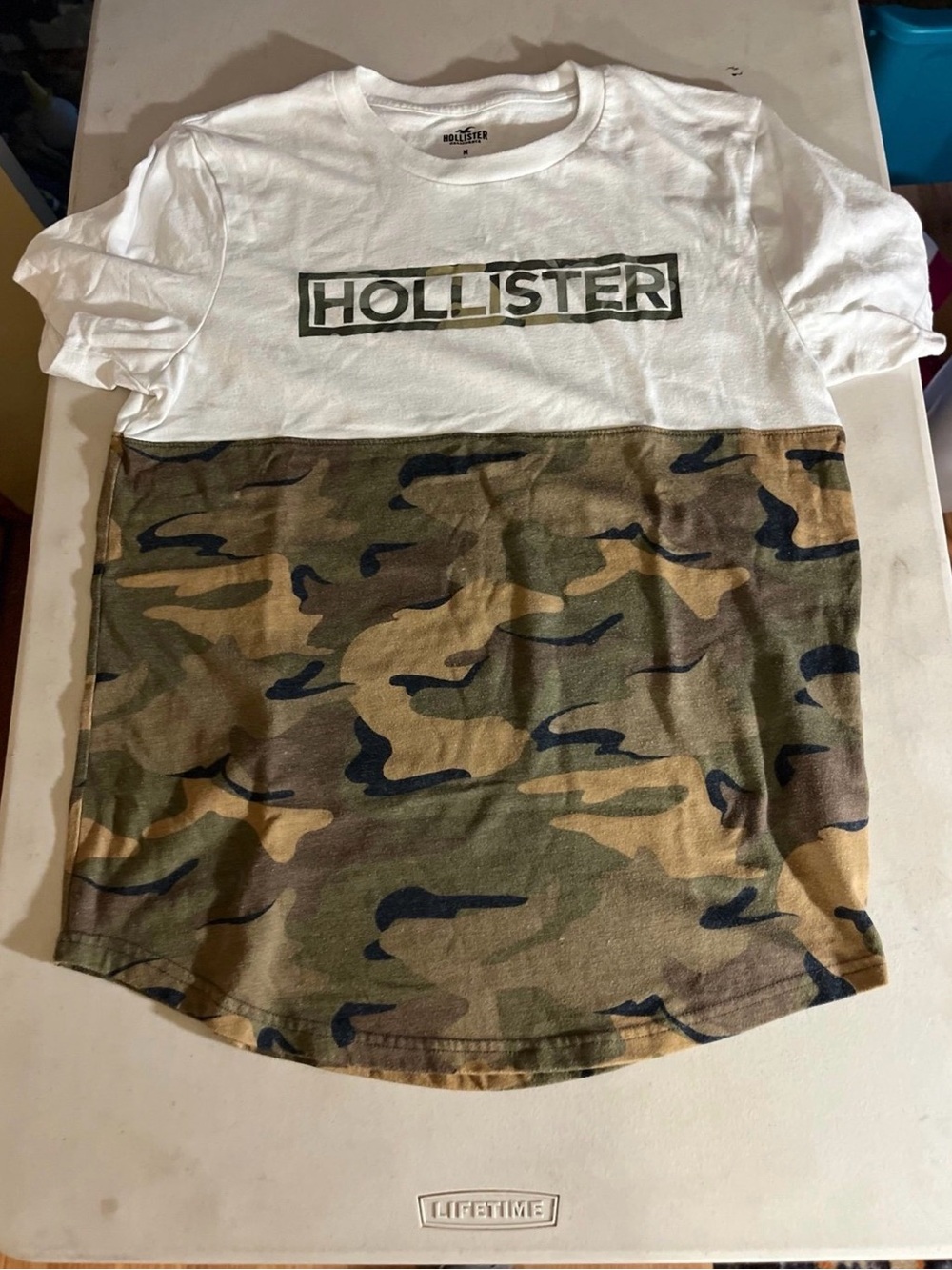 Hollister White Tee with Green & Brown Camo Block Short Sleeve